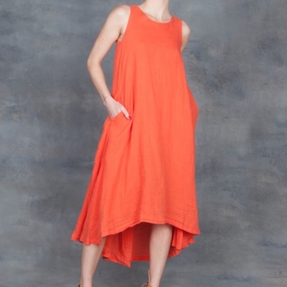 Black Crane Dresses & Skirts - Black Crane Sleeveless High Low Maxi Dress Flax Linen Orange Paprika XS